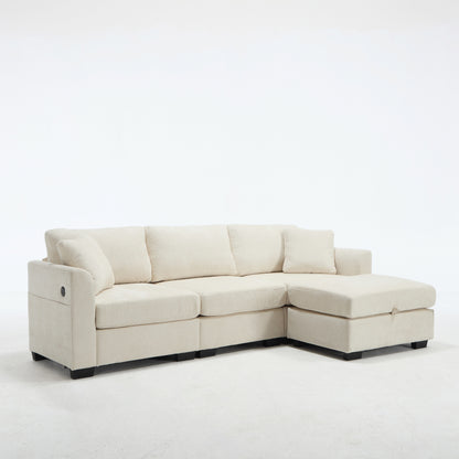 Modern Storage Sofa with Dual USB, 2 Side Pockets,Ottoman Storage Bench Cloud Sectional Chenille Sofa Oversized,4-Seat, L-Shaped Couch,Beige image 10