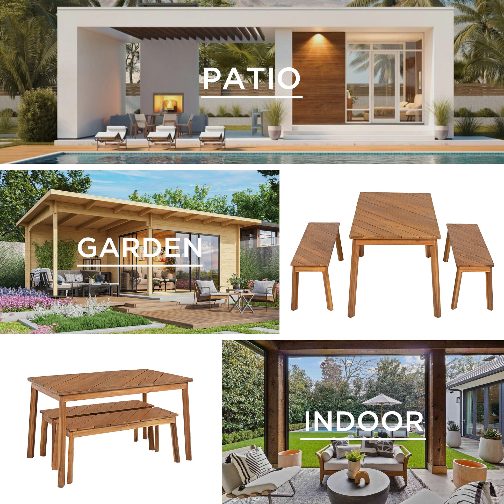 GO 3 Pieces Acacia Wood Table Bench Dining Set For Outdoor & Indoor Furniture With 2 Benches, Picnic Beer Table for Patio, Porch, Garden, Poolside, Natural image 3