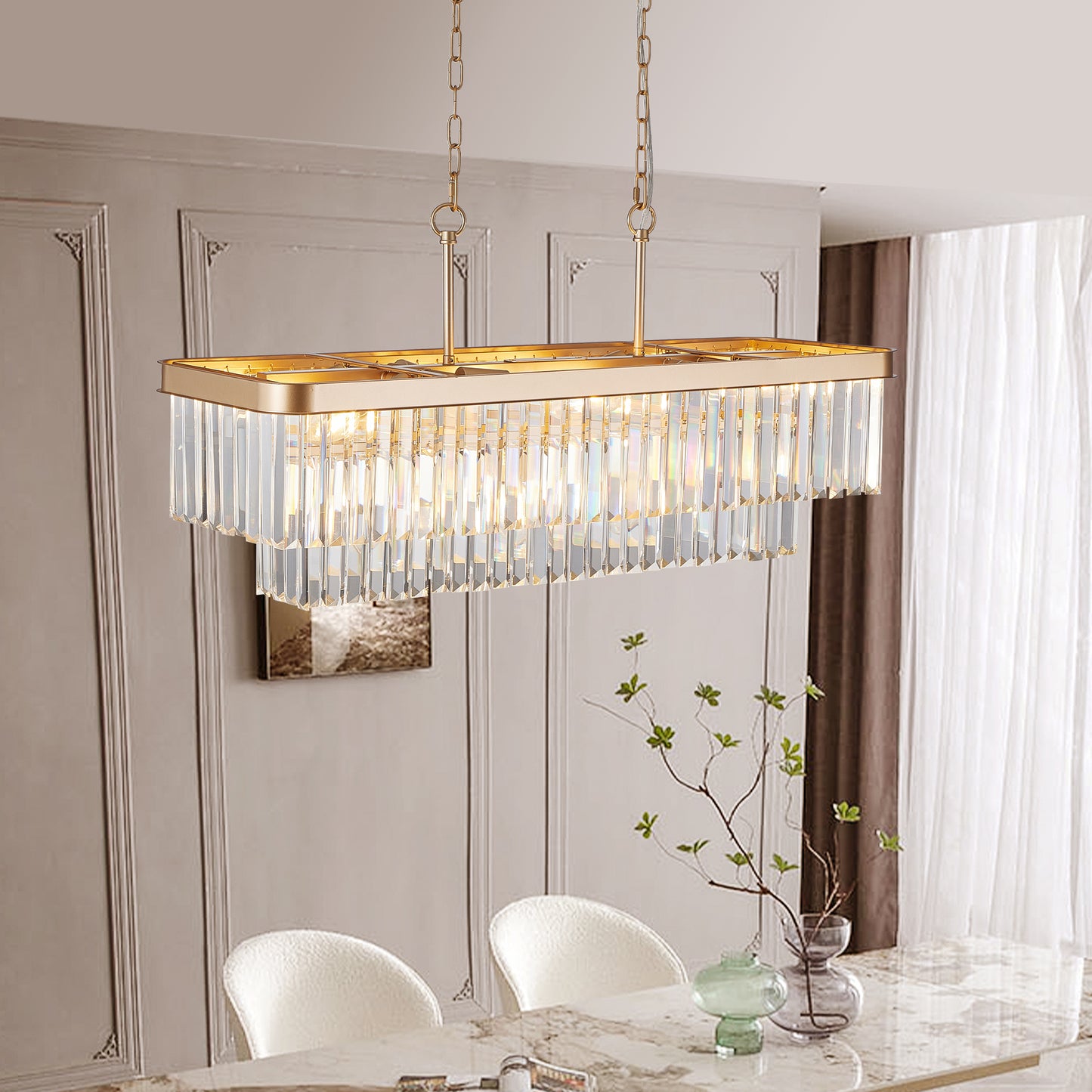Chandeliers,Rectangular Crystal Chandelier Adjustable,E12 Modern Industrial Crystal Lights,Farmhouse Iron Ceiling Hanging Light for Kitchen Living Room Bedroom/Gold(Bulb Not Included) image 3