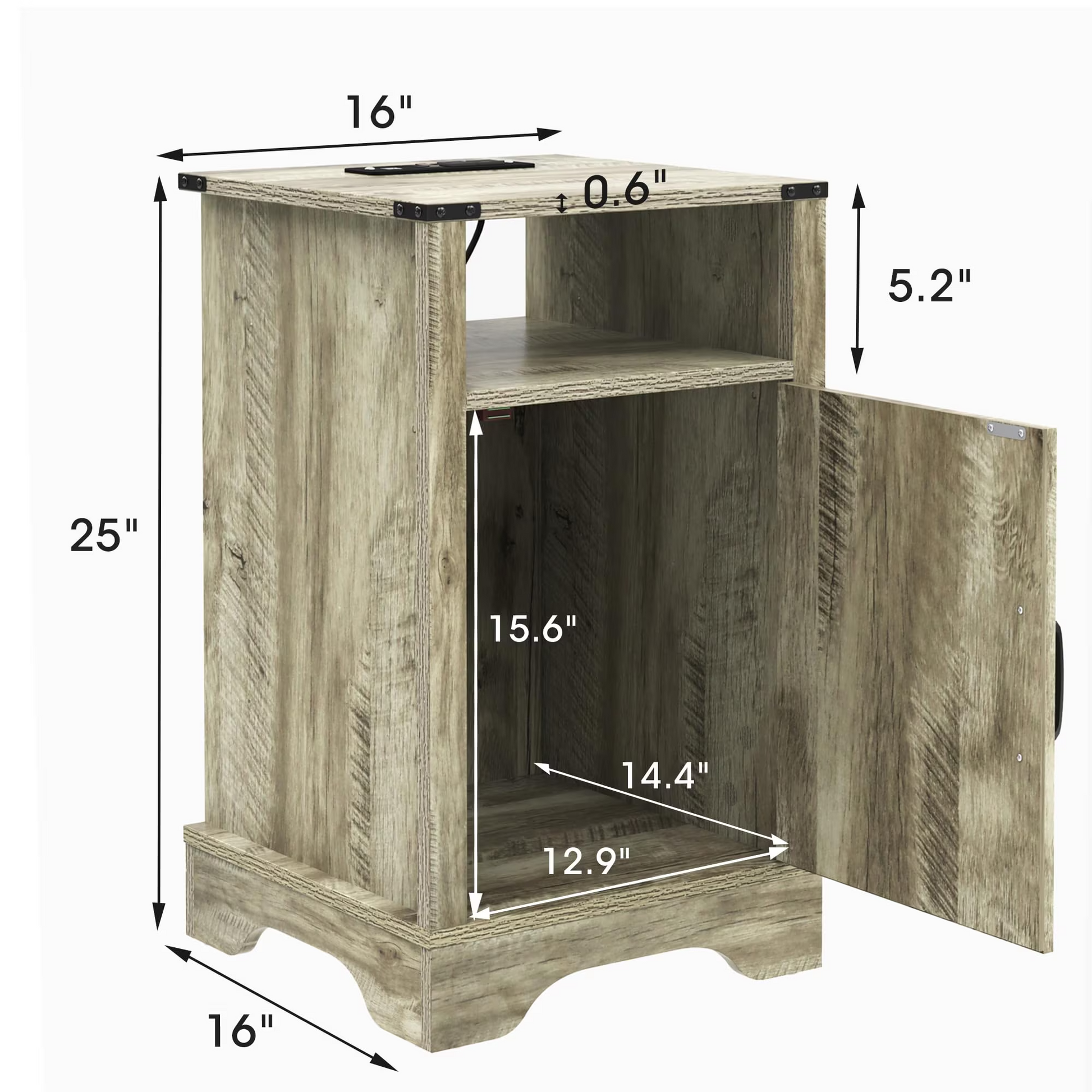 Farmhouse End Table with Charging Station Wooden Rustic Nightstands with Storage Cabinet and Shelf for Bedroom, Living Room, Living Room, Warm Grey image 2