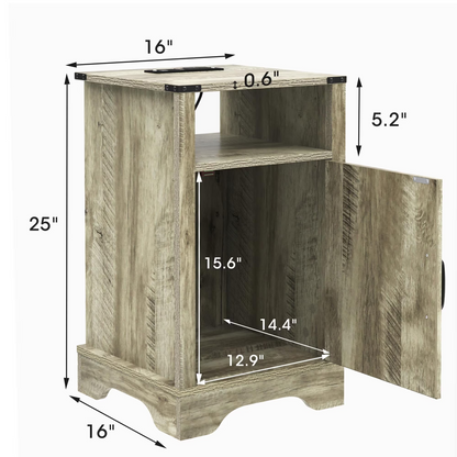 Farmhouse End Table with Charging Station Wooden Rustic Nightstands with Storage Cabinet and Shelf for Bedroom, Living Room, Living Room, Warm Grey image 2