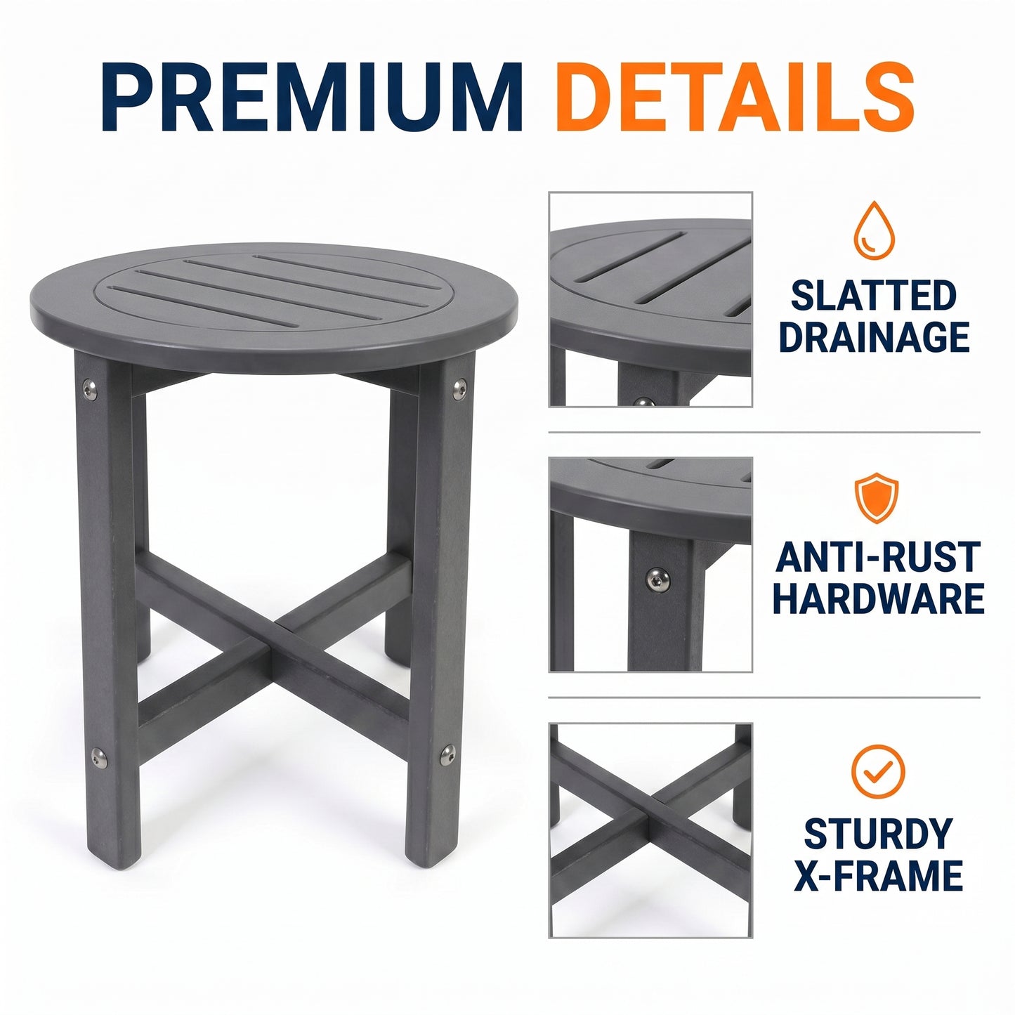 Gray HDPE Round Outdoor Side Table, 18 in. Dia. x 17 in. H, Small All-Weather Patio End Table, 1 Piece image 7