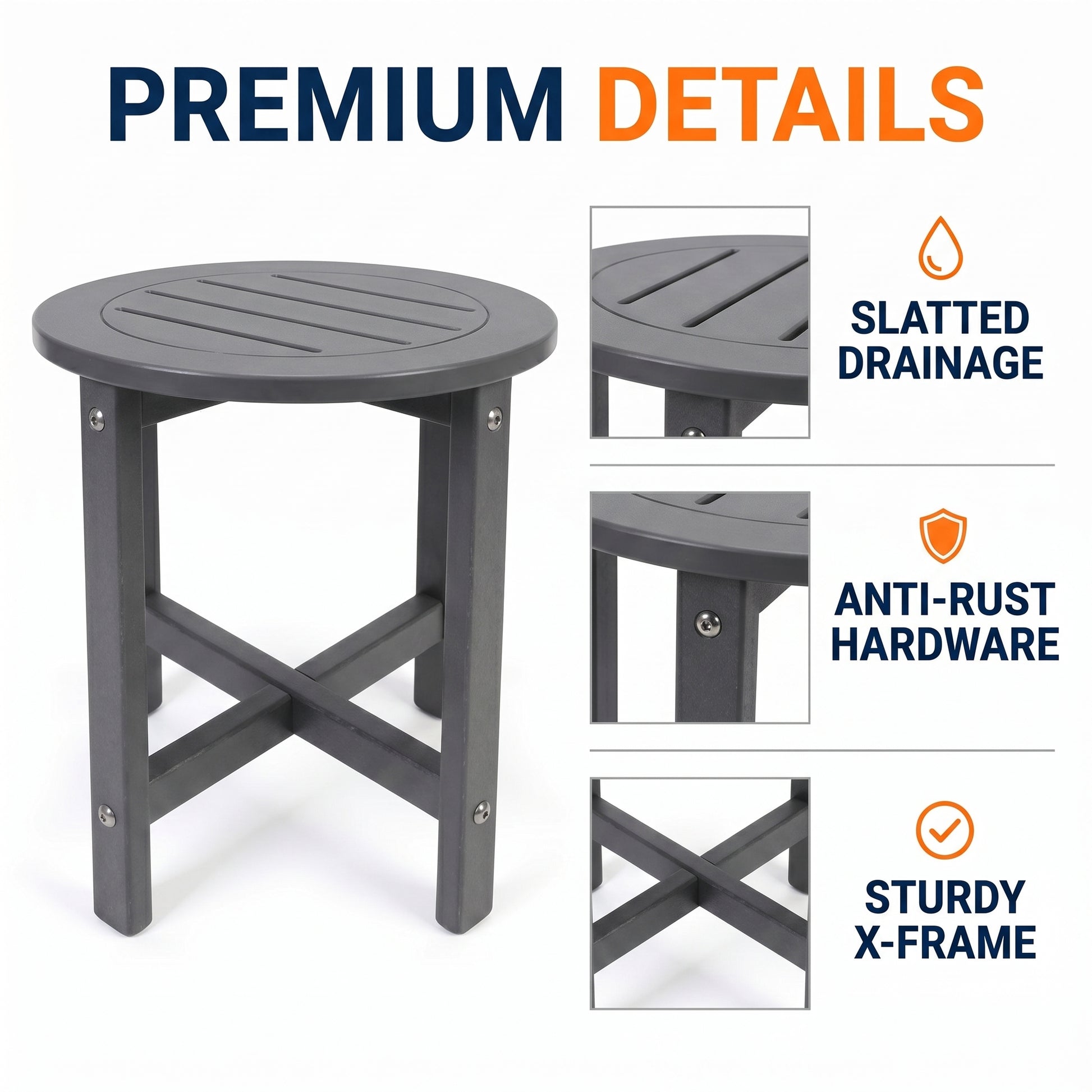 Gray HDPE Round Outdoor Side Table, 18 in. Dia. x 17 in. H, Small All-Weather Patio End Table, 1 Piece image 7