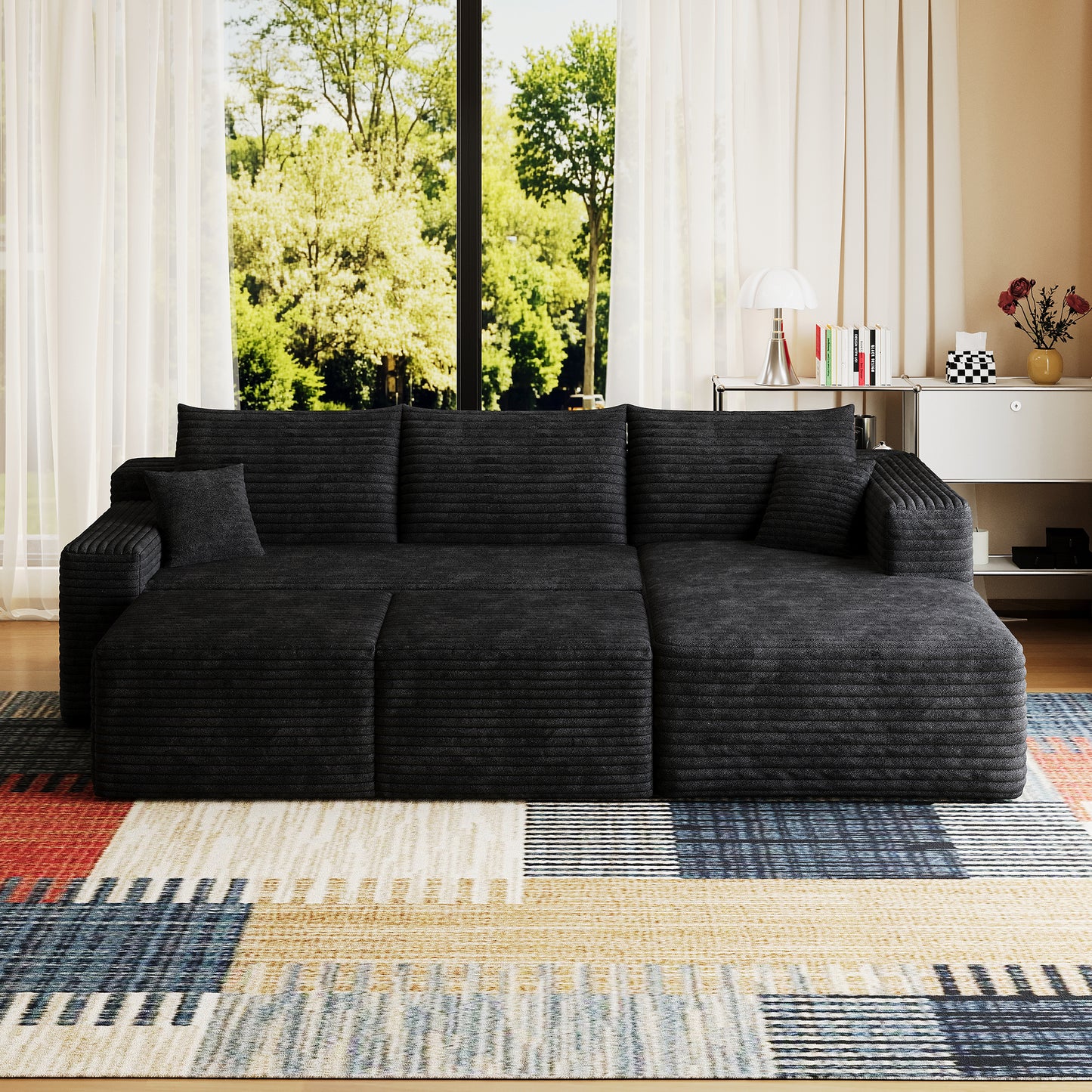 95" Cloud Sectional Sofa with 2 Ottoman,Modern Minimalist Upholstered Couches, Comfort U Shaped Sofa for Living Room,Deep Seat Corner Couch,No Assembly Required,Black (Plush Corduroy Fabric) image 5