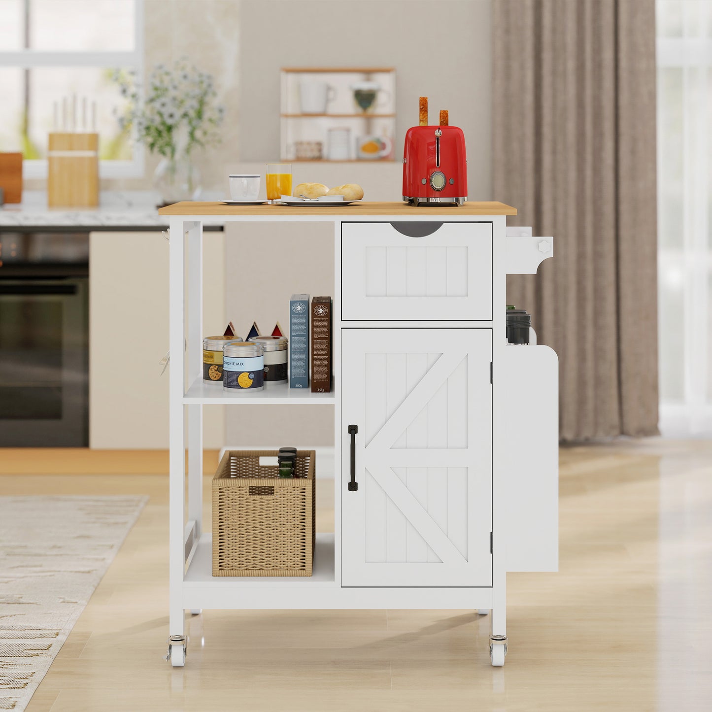 Kitchen Island Cart with Mobile Carts with Storage Cabinet, Rolling Kitchen Table with Spice Rack, Towel Rack, and Drawer, Portable Islands on Wheels, White image 1