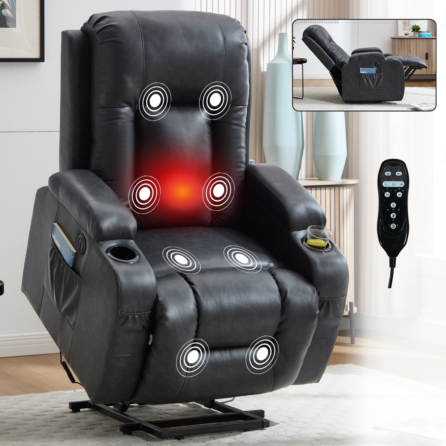 Dark Grey PU lInfinite Position Up to 350 LBS Power Lift Recliner Chair for Elderly, Heavy Duty Motion Mechanism with 8-Point Vibration Massage and Lumbar Heating, USB Charging Port, Cup Holders image 1