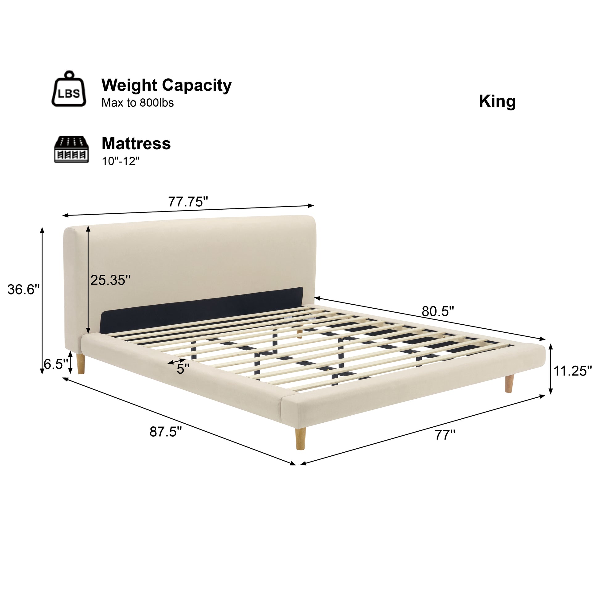 Beige Chunky Headboard Bed Frame, Solid Rubberwood Legs, King, 800lbs Capacity image 10