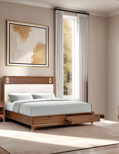 Mid-Century Modern 1pc Eastern King Size Bed w Storage Drawers Walnut Solid wood Upholstered HB Reading Light Bedroom Furniture image 1
