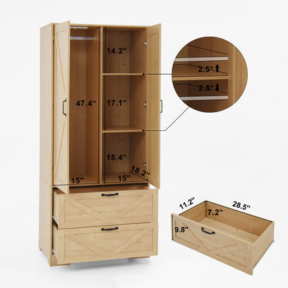2 Door Wood Wardrobe for Bedroom with Hanging Clothing Rod inside the Cabinet and 2 Drawers for Storage Organization, Built-in induction light Multifunctional Closet with Mirror, Natural image 7