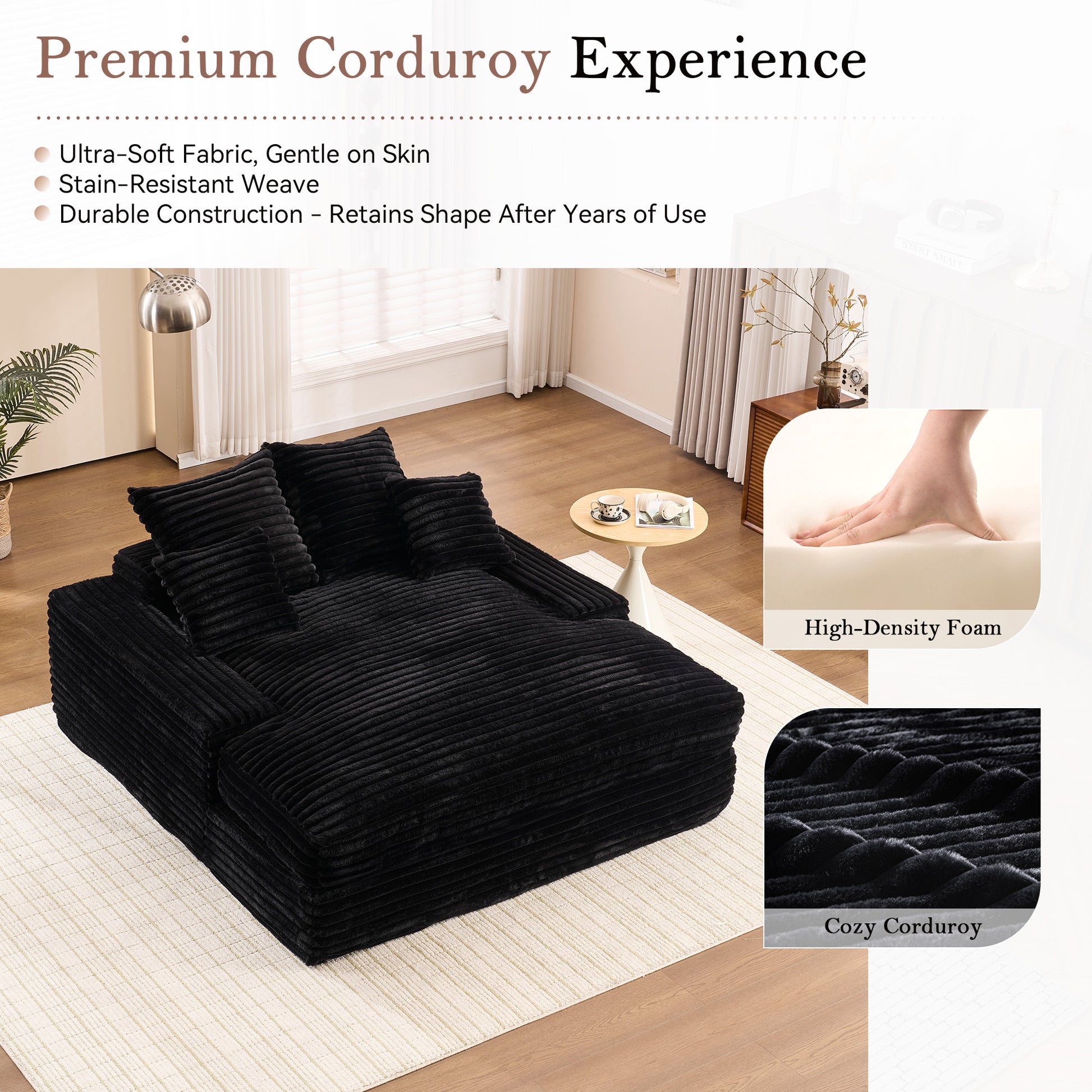 028DR-Oversized chaise Lounge chair, Upholstered Sleeper Sofa Bed with 4 Throw Pillows and Armrests, Corduroy Fabric Plush Lounge Chair Bed for Living Room, Apartment & Small Spaces, Black image 10