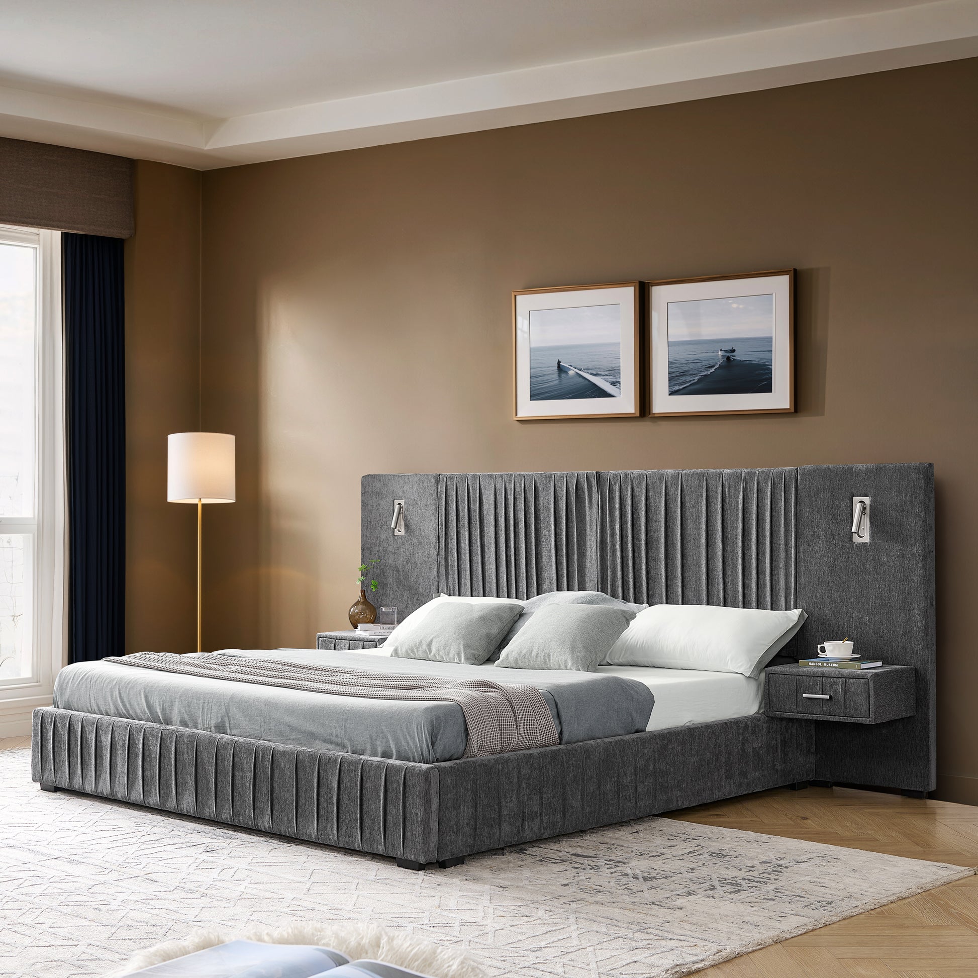 Queen Size Upholstered Bed Frame with Chenille fabric with pleated design,Grounded Queen Size Platform Bed with Headboard and Solid Frame and the bedside table.No Box Spring Needed-DARK GREY image 2