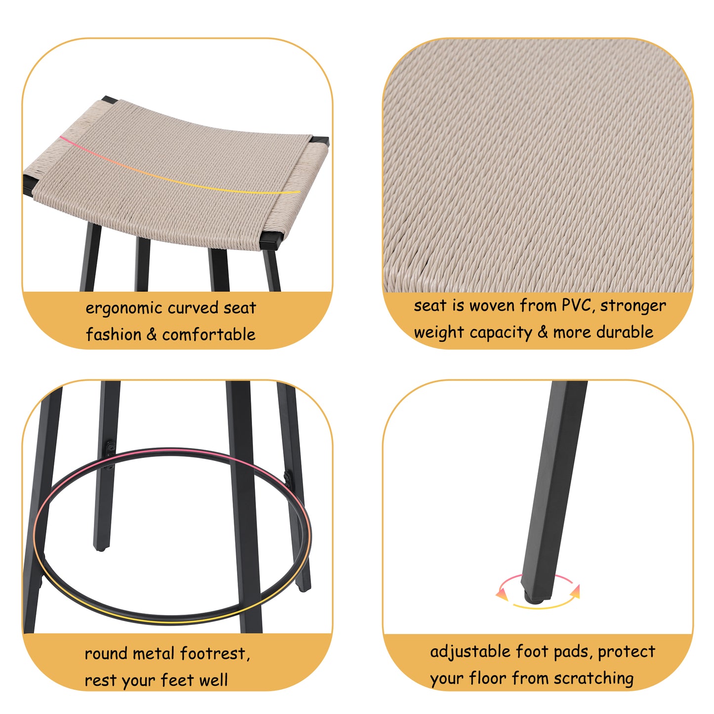 Counter Height Bar Stools Backless Handwoven Kitchen Dining Chairs with Round Footrest Set of 2 PVC Weaving Pub Stool for Indoor & Outdoor (Black & Creamy White) image 5