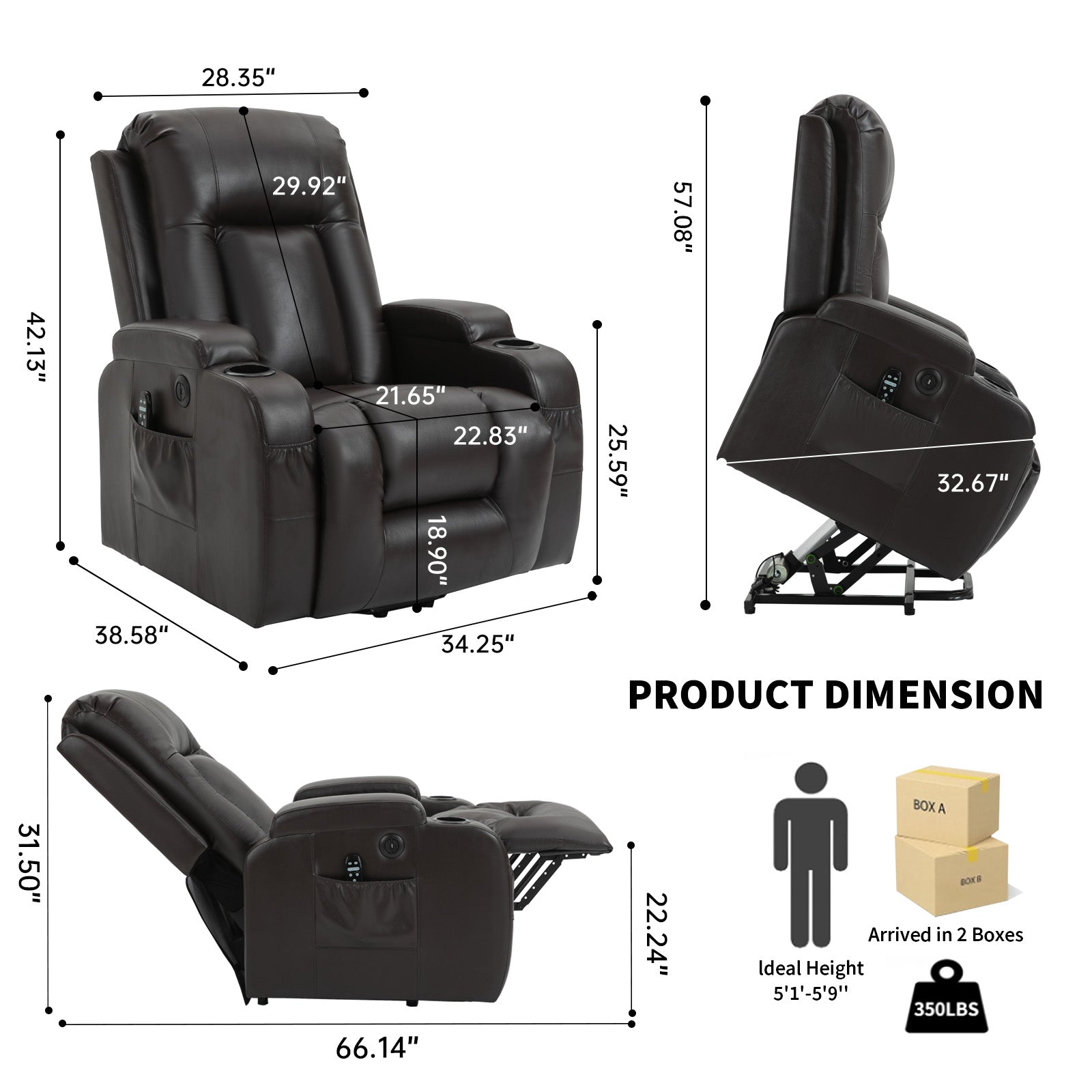 Infinite Position Up to 350 LBS Power Lift Recliner Chair for Elderly, Heavy Duty Motion Mechanism with 8-Point Vibration Massage and Lumbar Heating, USB Charging Port, Cup Holders, Brown image 2