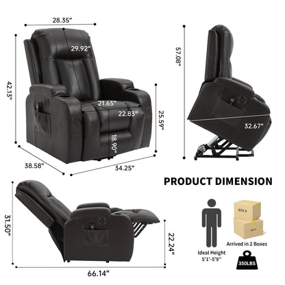 Infinite Position Up to 350 LBS Power Lift Recliner Chair for Elderly, Heavy Duty Motion Mechanism with 8-Point Vibration Massage and Lumbar Heating, USB Charging Port, Cup Holders, Brown image 2