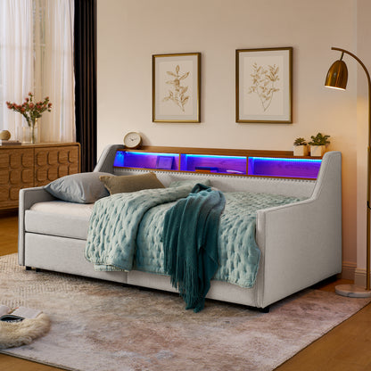 Twin Size Upholstery Sofa Bed with Three LED lights, with Storage Adjustable Headboard, with Two Storage Pull Up drawers and Wireless Charging, Linen Padded Sofa Bed frame, Beige image 1