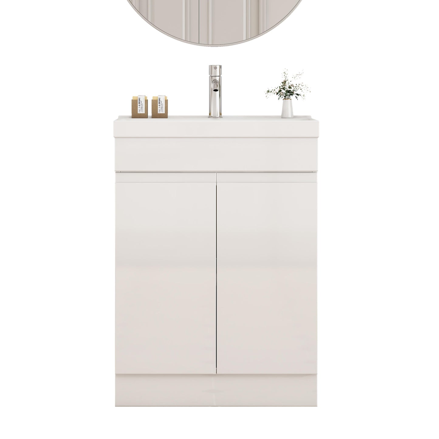 24-Inch Bathroom Vanity With Sink Combo, 2 Doors Bathroom Cabinet, With Shelf,Handle Free Design,Unique Thick-Edged Ceramic Basin,Soft Close System Hinge,Easy Assemble,Glossy White image 2