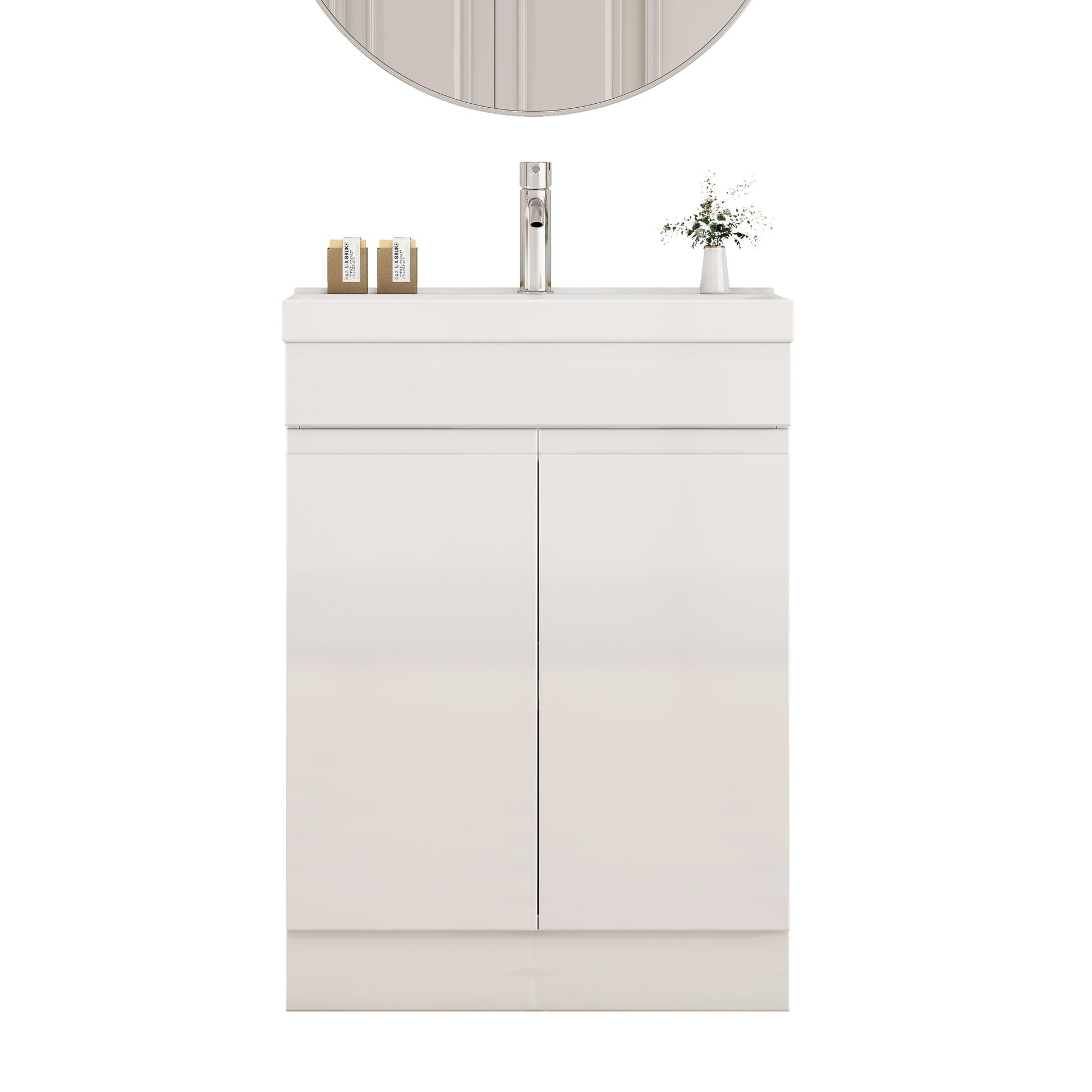 24-Inch Bathroom Vanity With Sink Combo, 2 Doors Bathroom Cabinet, With Shelf,Handle Free Design,Unique Thick-Edged Ceramic Basin,Soft Close System Hinge,Easy Assemble,Glossy White image 2