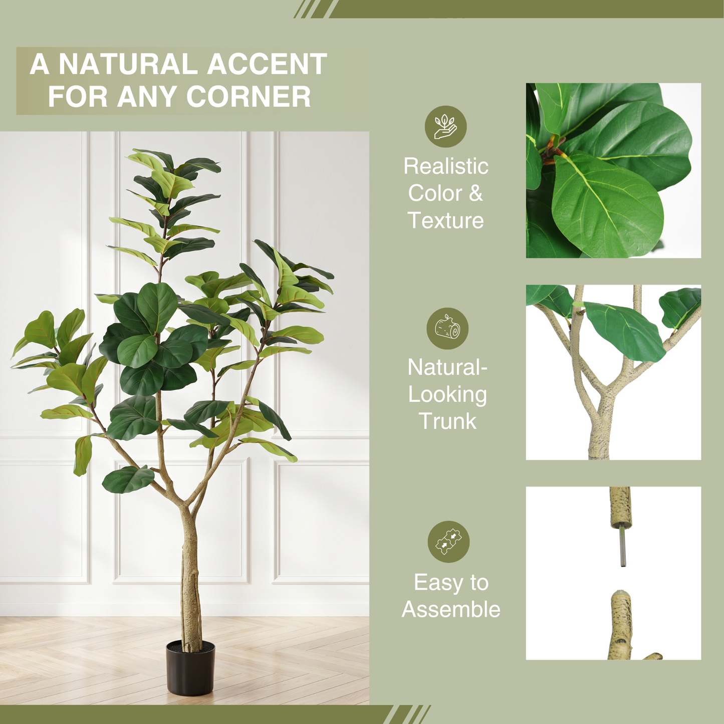 6FT Artificial Fiddle Leaf Fig Tree, Realistic Faux Potted Plant in Black Pot, 1pc/set image 8