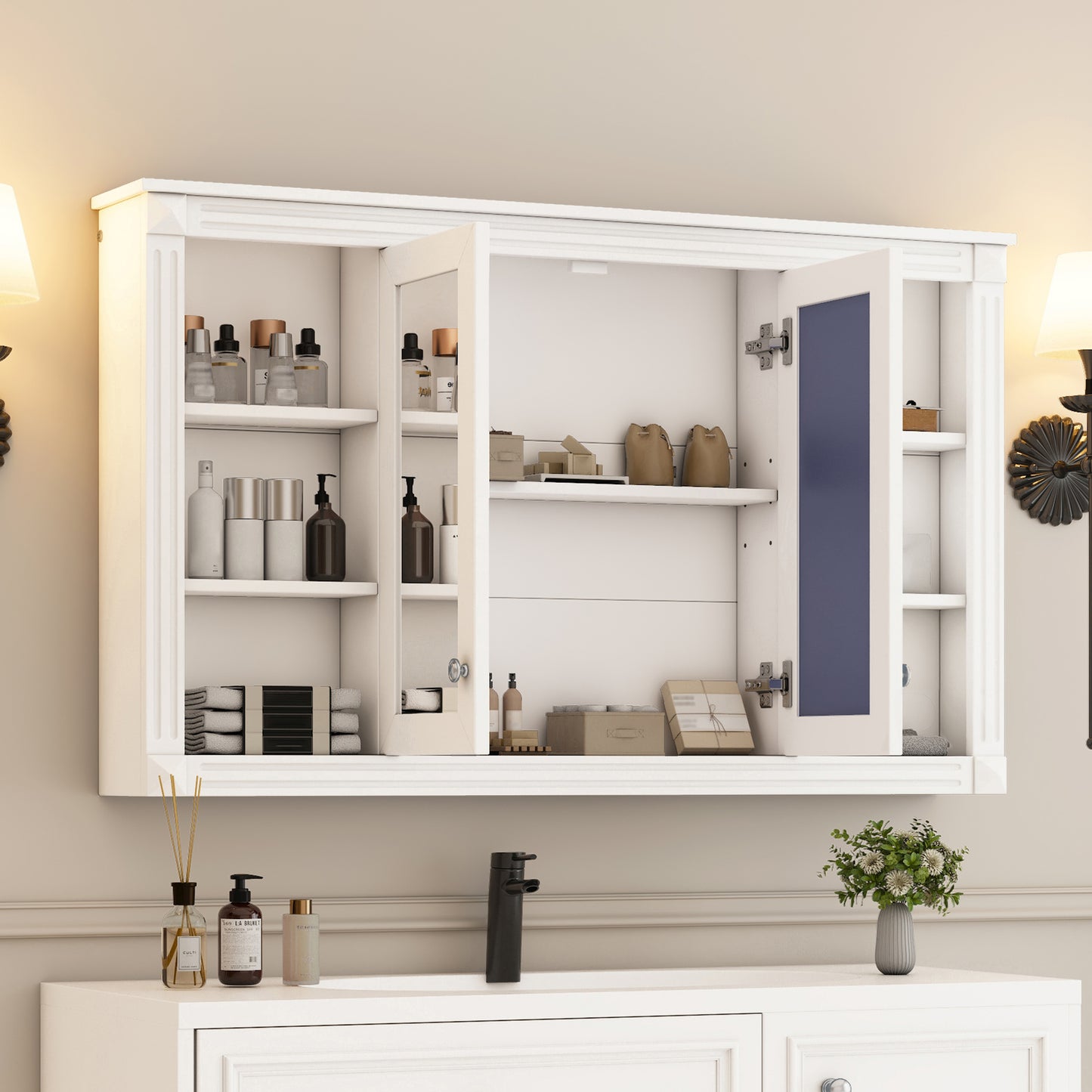 47 Inch Bathroom Mirror Cabinet with Storage, Adjustable Shelf and Open Shelves, Wall Mounted Medicine Cabinet for Bathroom, Bedroom, Vanity image 2