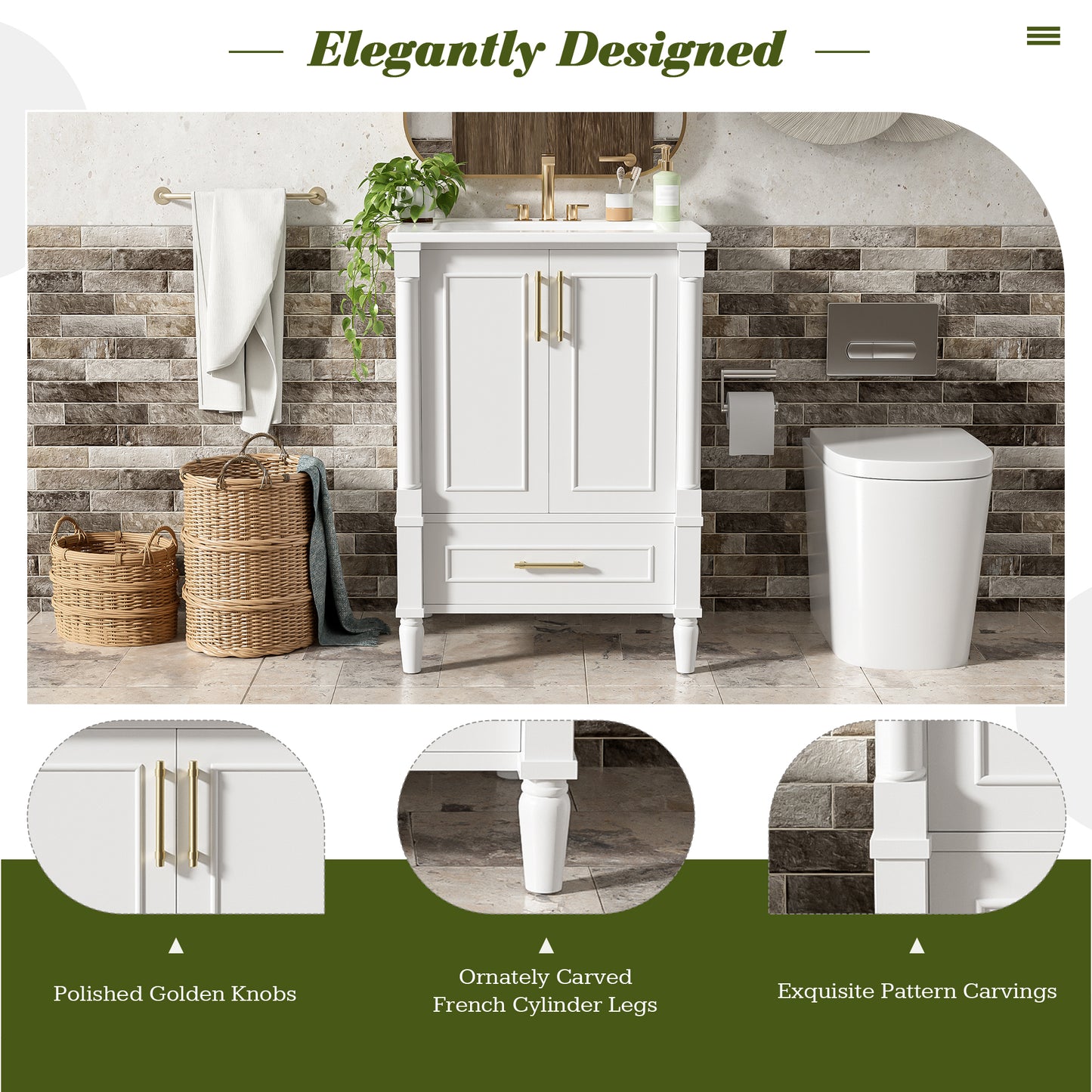 24" Modern Bathroom Vanity with Ornate Motif Design & Soft-Close Hinges, Bathroom Cabinet with Drawer and Back Open Structure, Ornately Carved French Cylinder Legs image 5