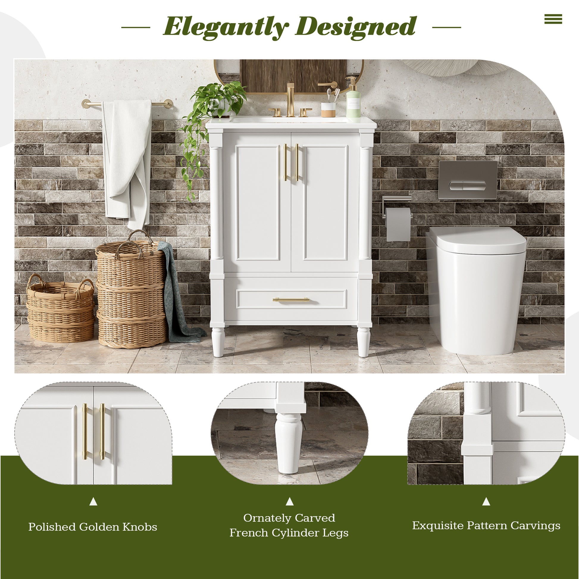 24" Modern Bathroom Vanity with Ornate Motif Design & Soft-Close Hinges, Bathroom Cabinet with Drawer and Back Open Structure, Ornately Carved French Cylinder Legs image 5