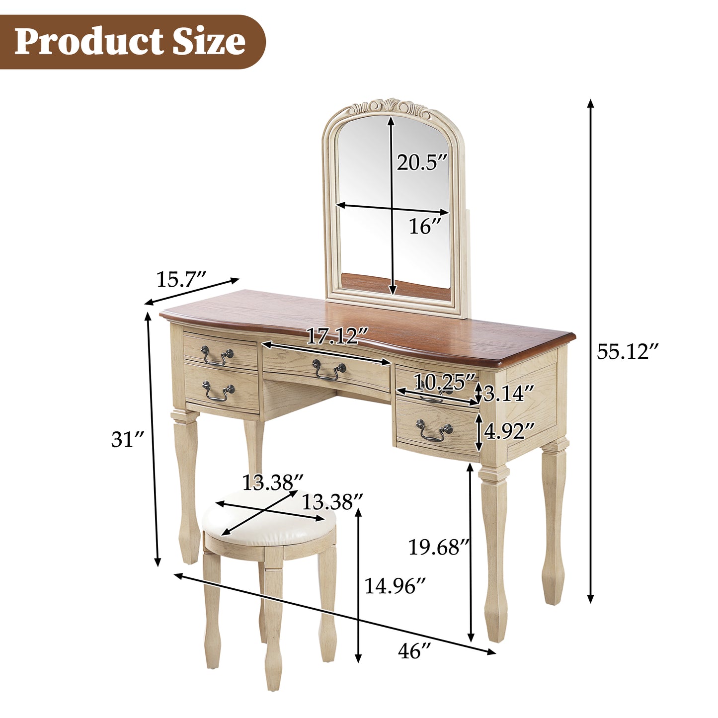 46" Vintage Makeup Vanity with Curved Flower Frame Mirror, Elegant Dressing Table with 5 Drawers and Leather Stool, Vanity Desk with Solid Wood Legs and Antique Handles for Bedroom image 8
