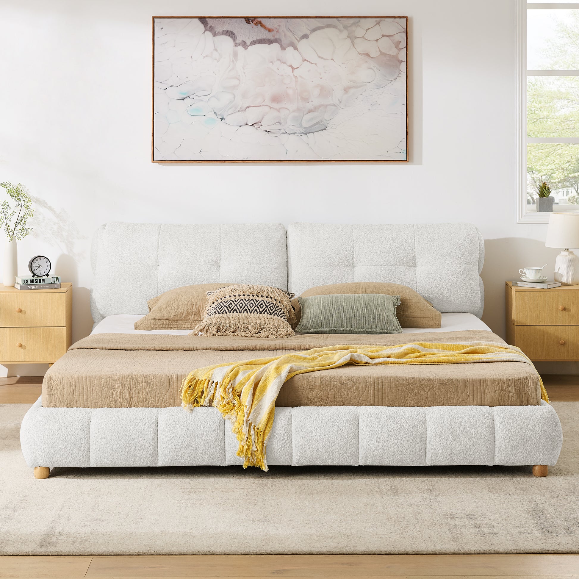 King Cream Style Bouclé Fabric Platform Bed, Soft Cloud-Like Upholstered Frame with Solid Wood Legs, No Box Spring Needed image 3