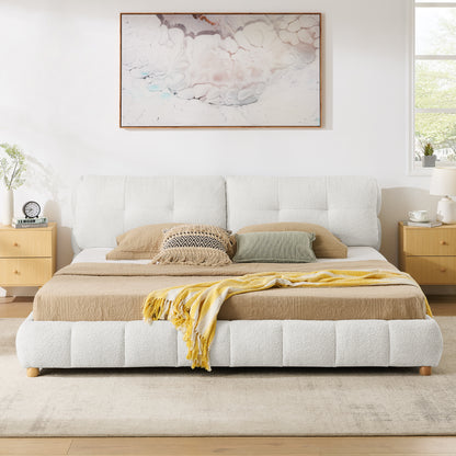 King Cream Style Bouclé Fabric Platform Bed, Soft Cloud-Like Upholstered Frame with Solid Wood Legs, No Box Spring Needed image 3
