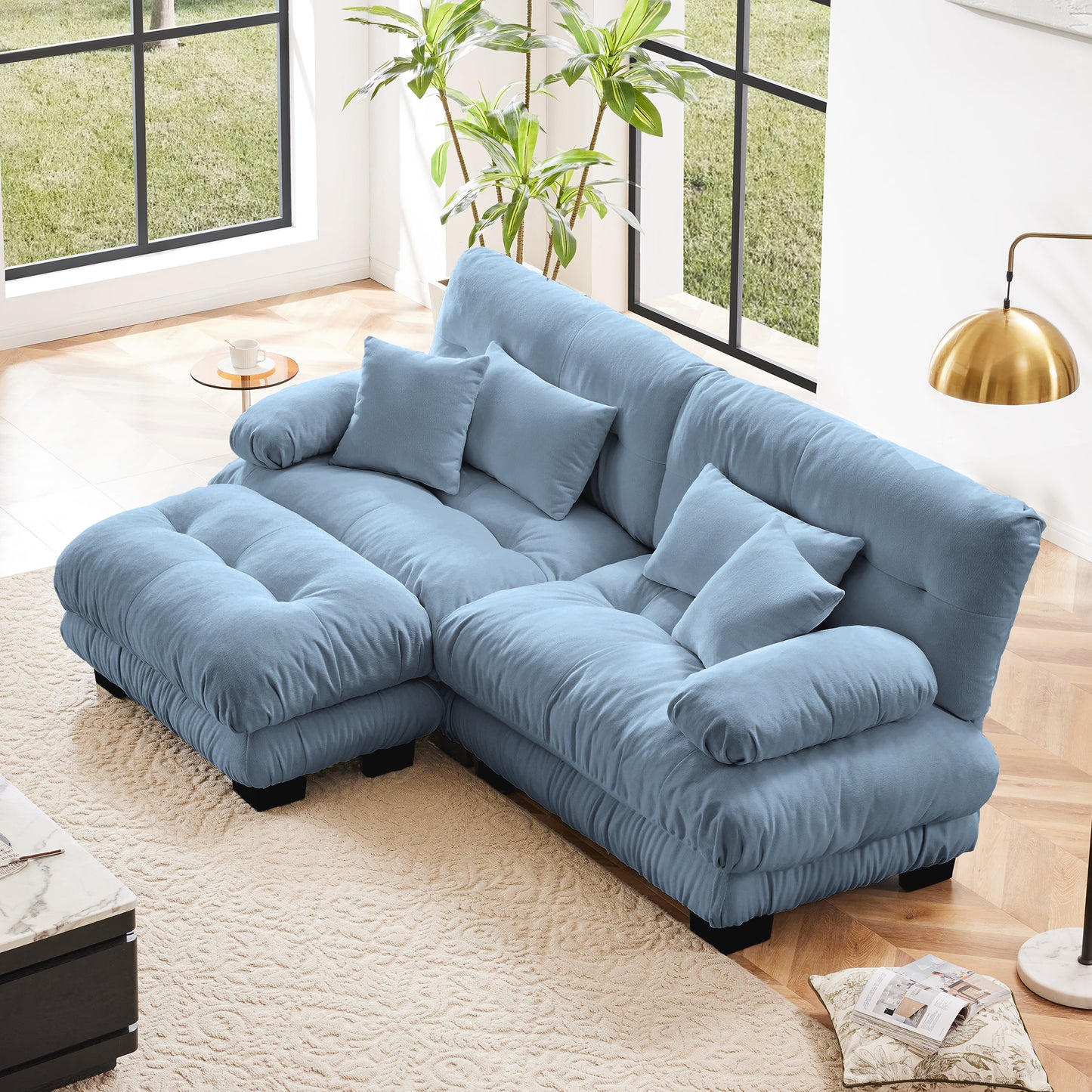 Cloud Couch Sectional Sofa for Living Room, Chenille 2 Seater Sofa with 2 Lumbar pillows and 2 throw pillows, Upholstered Wide Arm Sofa with Convertible Ottoman,Chenille Blue image 1