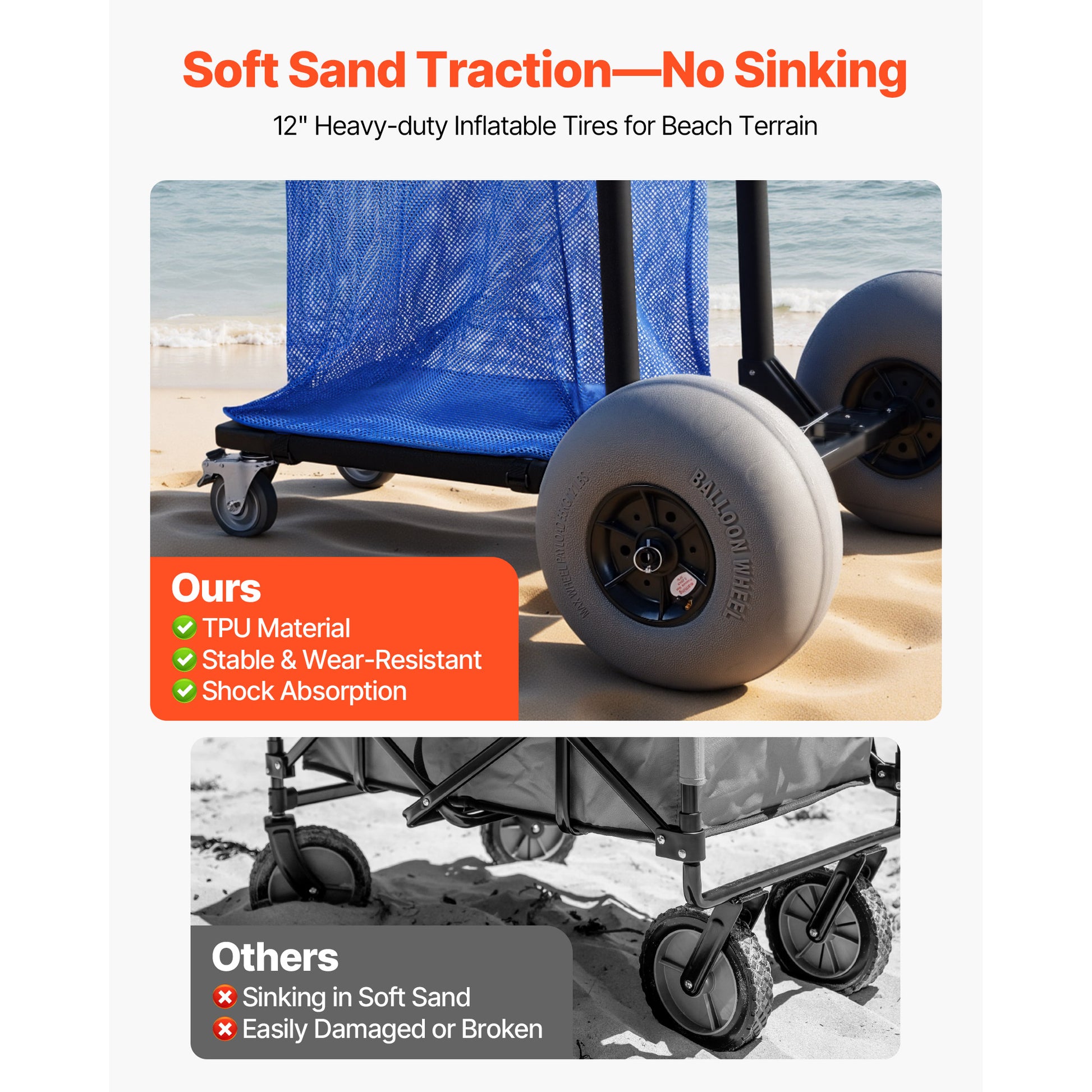 Beach Cart with Large Wheels for Sand, 165 lbs Load Capacity, Heavy Duty Folding Beach Wagon with 12" Balloon Wheels, Storage Bag, 180° Adjustable Handlebar, Dolly for Camping Fishing Garden image 4