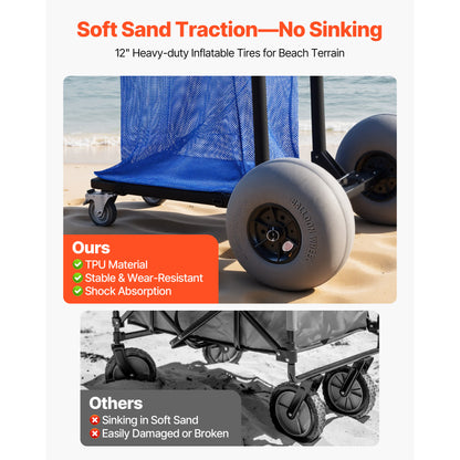 Beach Cart with Large Wheels for Sand, 165 lbs Load Capacity, Heavy Duty Folding Beach Wagon with 12" Balloon Wheels, Storage Bag, 180° Adjustable Handlebar, Dolly for Camping Fishing Garden image 4