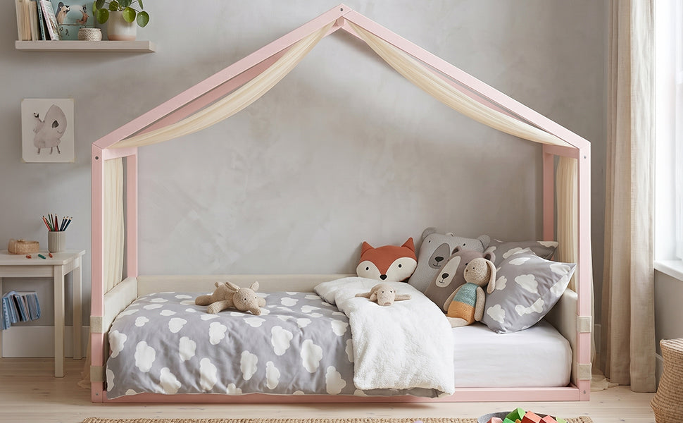 Twin Size Canopy Bed with Upholstered Velvet Side Panels, Breathable Gauze Canopy, Soft-Padded Platform Bed Frame, Easy Assembly Modern Bed for Bedroom, Guest Room-Pink image 5