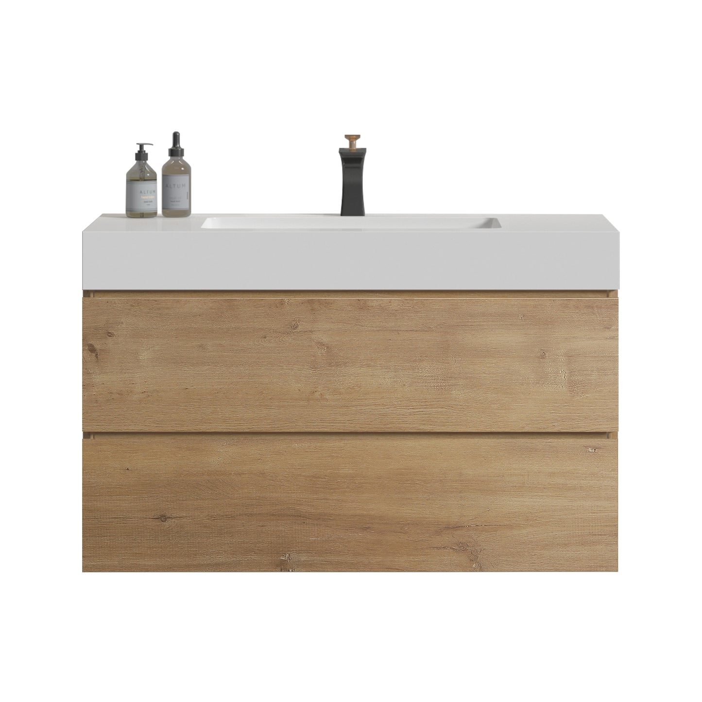 Alice 36" Oak Bathroom Vanity with Black Sink, Large Storage Wall Mounted Floating Bathroom Vanity for Modern Bathroom, One-Piece White Sink Basin without Drain, Pre-assembled image 4