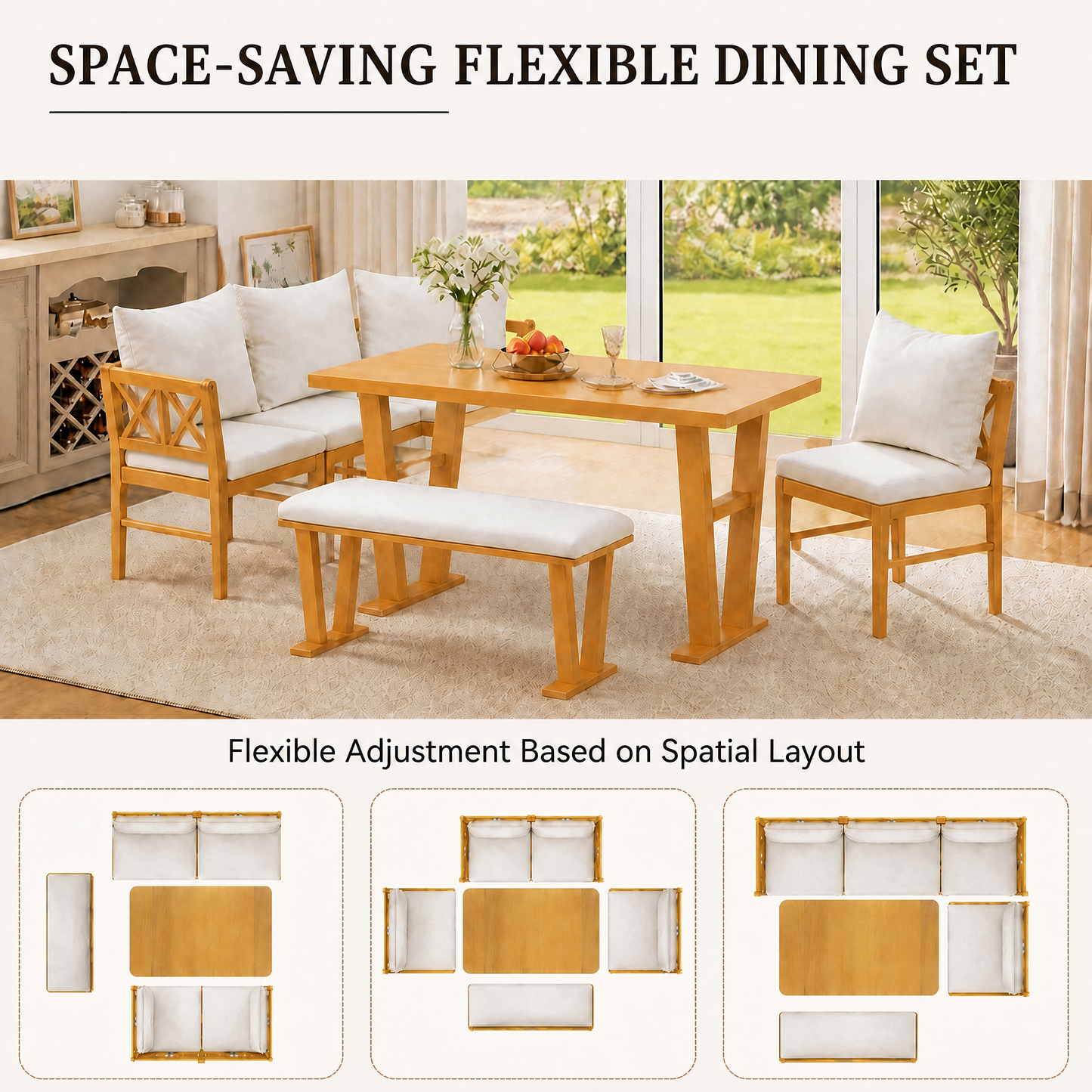 Small Farmhouse Solid Wood Kitchen Nook Dining Room Breakfast Nook Table Set for 6, Space Saving High Top Corner Dining Table with Bench and Chairs (6 Piece) image 7