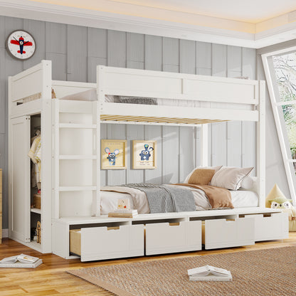 Twin over Twin Bunk Bed with 4 Storage Drawers, Solid Wood Bunk Bed with Built-in Wardrobe and Full-length Guardrails, No Box Spring Needed, Ivory image 1