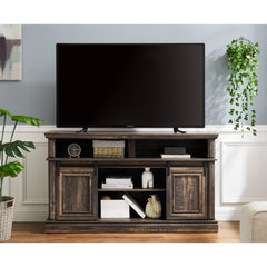 Media Console Table with Storage Cabinet, Mid Century style Entertainment TV Table, Multipurpose Sliding Door TV Cabinet  Large Storage Space, 58.11"W*15.79"D*32.36"H Antique White