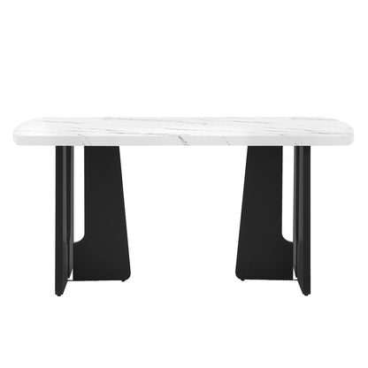 63" Modern Faux Marble Dining Table - Black/White Marble Top with Sturdy Geometric Legs, Stylish Kitchen & Dining Room Table for Home, Apartment, Office, Easy to Assemble, White+Black image 7