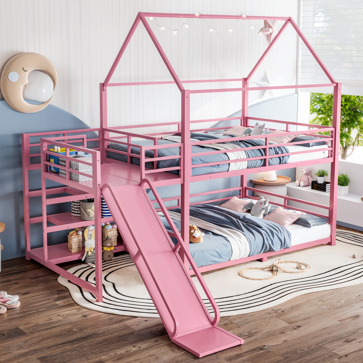 Full Metal House Bunk Bed with Storage Stairs, Slide, Safety Rails, Pink image 1