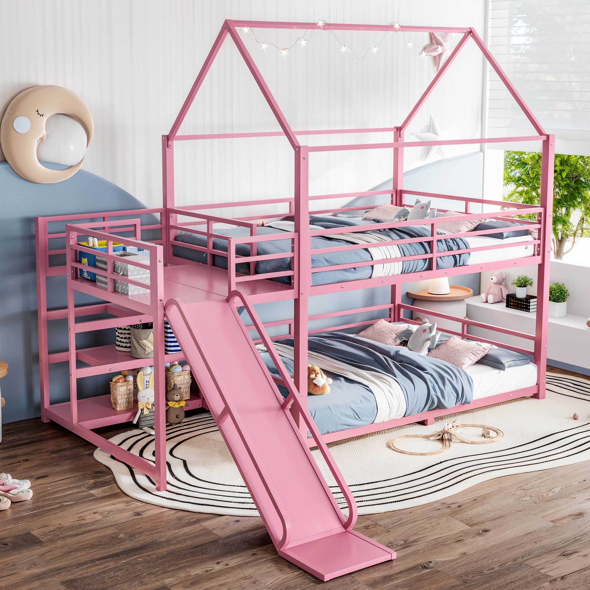 Full Metal House Bunk Bed with Storage Stairs, Slide, Safety Rails, Pink image 1