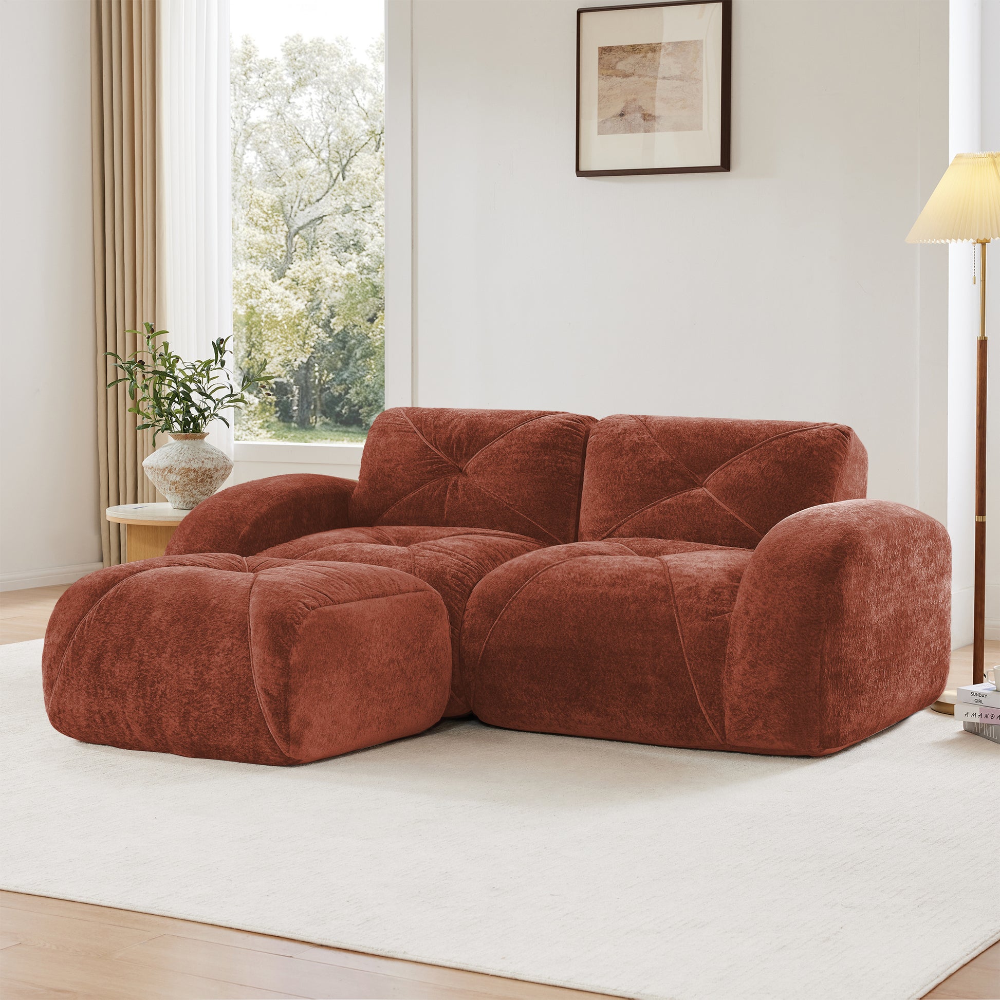 L-shaped Boneless Sofa,Soft Velvet Fabric,Tufted Design,32D High Density Sponge,No Assembly Required,Ergonomic Design,Bottom Anti-Slip Design,Movable Ottoman For Bedrooms,Red Brown image 2