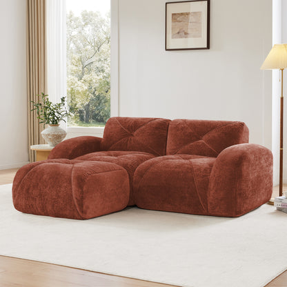 L-shaped Boneless Sofa,Soft Velvet Fabric,Tufted Design,32D High Density Sponge,No Assembly Required,Ergonomic Design,Bottom Anti-Slip Design,Movable Ottoman For Bedrooms,Red Brown image 2
