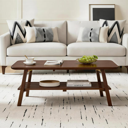 Wooden Coffee Table with Storage Shelf, Mid-Century Rectangular Center Table for Living Room,Walnut Brown image 4
