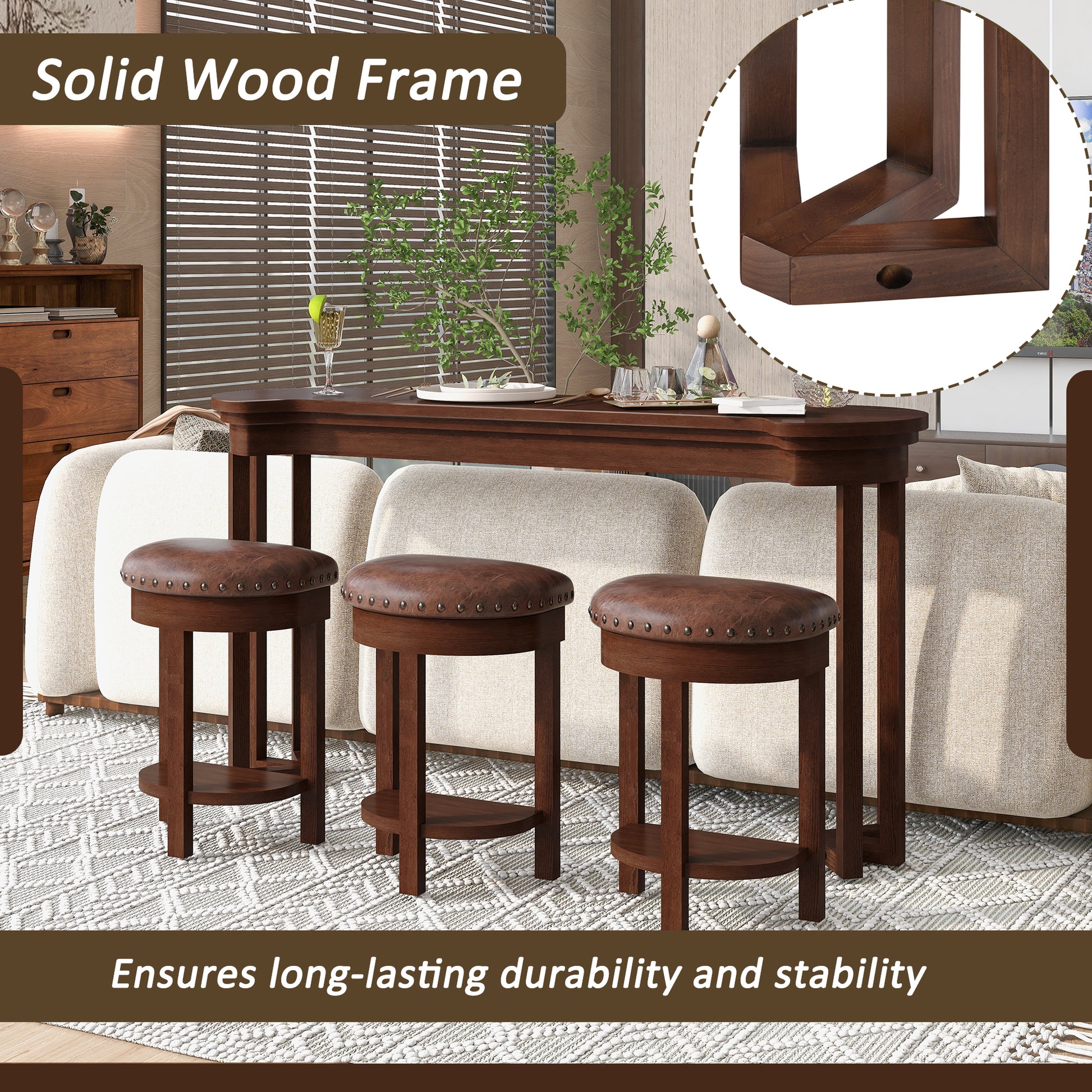 4 Piece Bar Table Set with3 PU Upholstered Bar Stools, Breakfast Table with 3 Padded Stools Solid Wood Counter Height Dining Table Set for Living Room, Dining Room. Cherry image 5