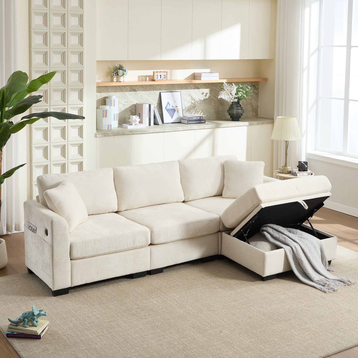 Modern Storage Sofa with Dual USB, 2 Side Pockets,Ottoman Storage Bench Cloud Sectional Chenille Sofa Oversized,4-Seat, L-Shaped Couch,Beige image 1