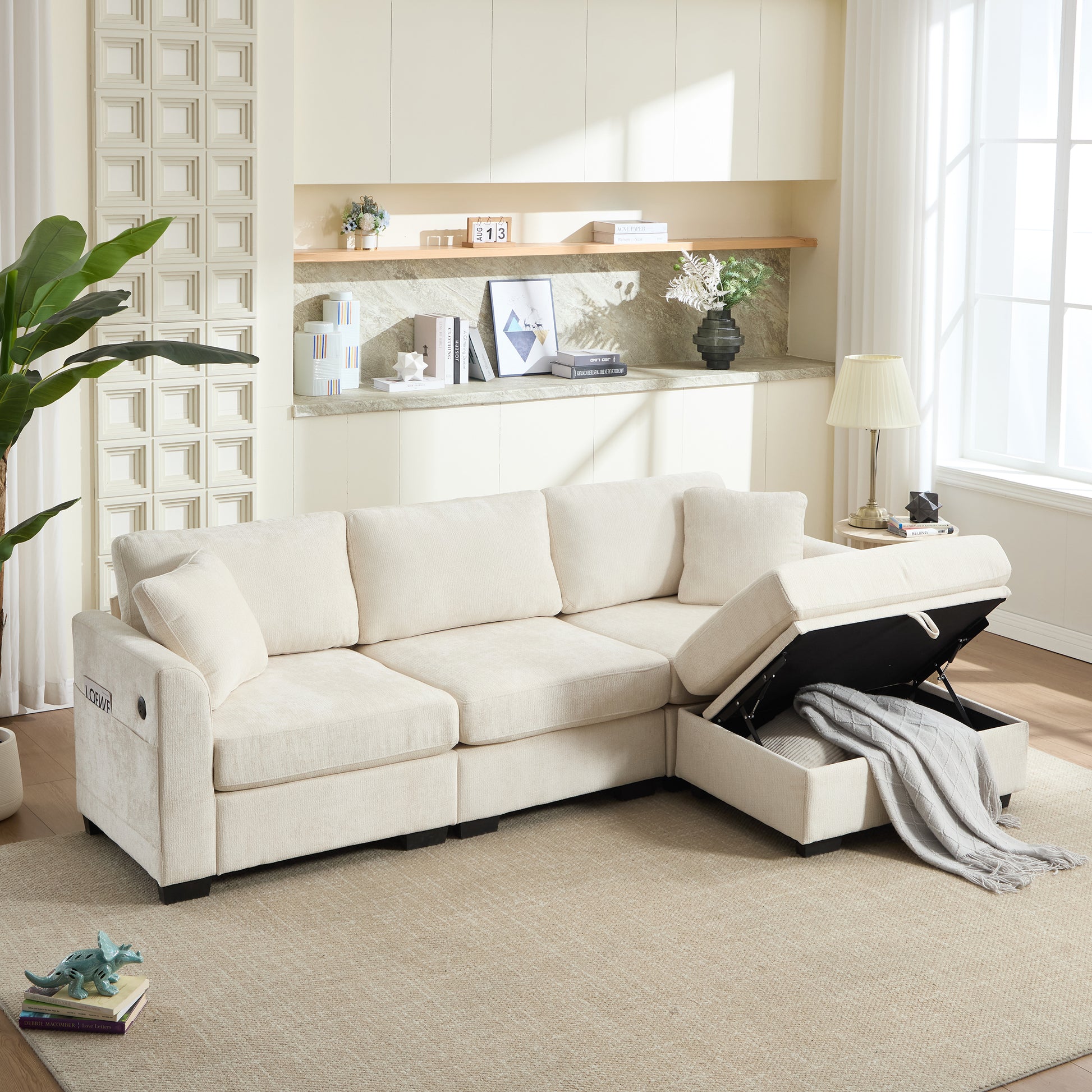 Modern Storage Sofa with Dual USB, 2 Side Pockets,Ottoman Storage Bench Cloud Sectional Chenille Sofa Oversized,4-Seat, L-Shaped Couch,Beige image 1