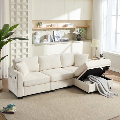 Modern Storage Sofa with Dual USB, 2 Side Pockets,Ottoman Storage Bench Cloud Sectional Chenille Sofa Oversized,4-Seat, L-Shaped Couch,Beige image 1