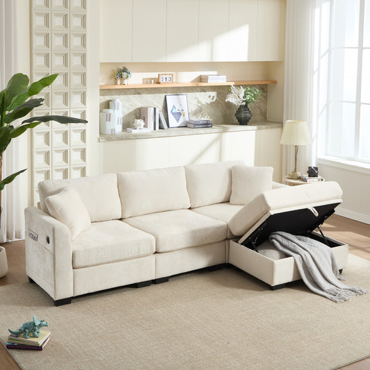 Modern L-shaped chenille sofa with dual USB ports and storage ottoman in beige - front view