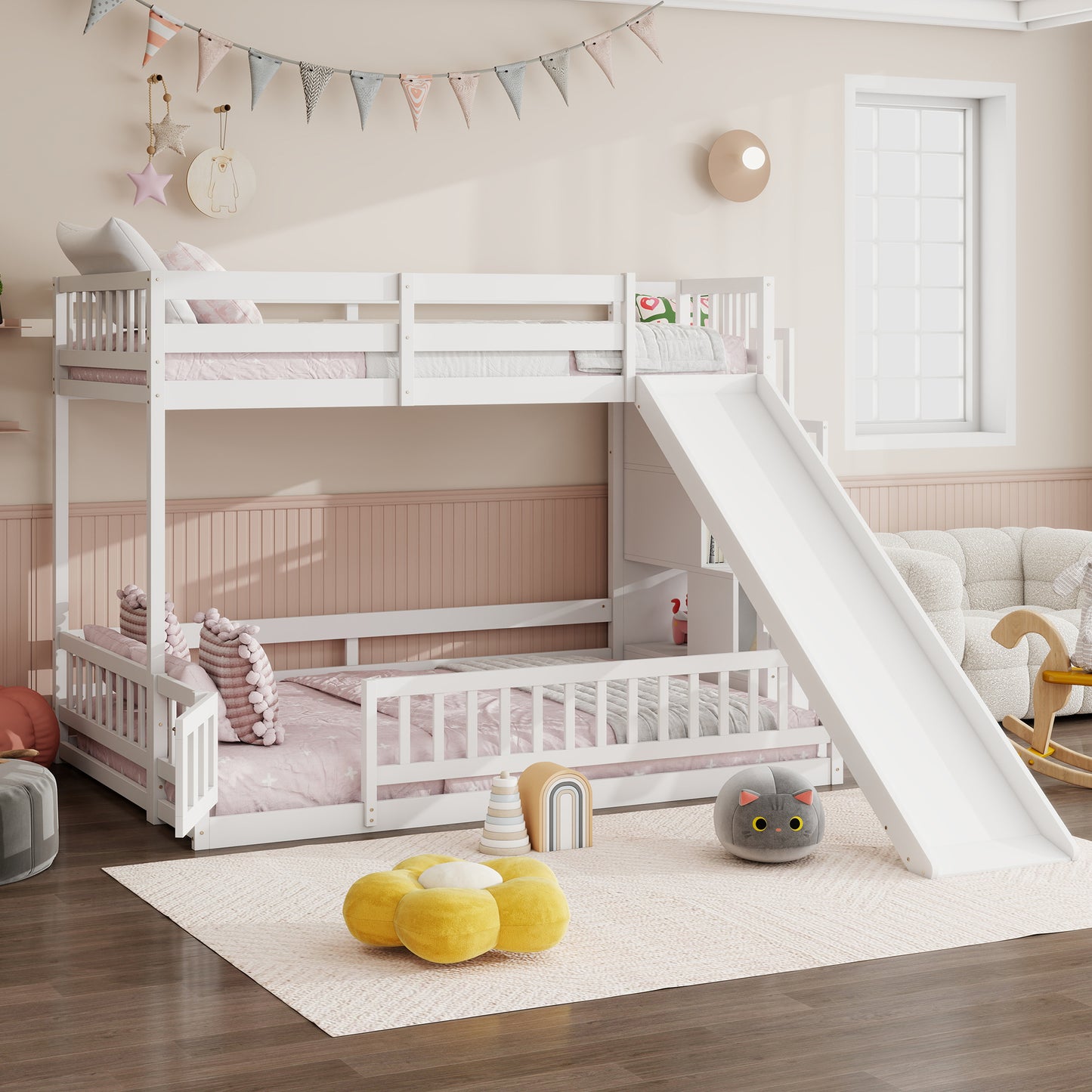 Twin Over Full Bunk Bed with Slide, Storage Staircase, Pine Solid Wooden Bunk Bed with Safety Guardrails,White (Old Sku W504S00185) image 3