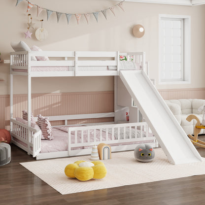 Twin Over Full Bunk Bed with Slide, Storage Staircase, Pine Solid Wooden Bunk Bed with Safety Guardrails,White (Old Sku W504S00185) image 3