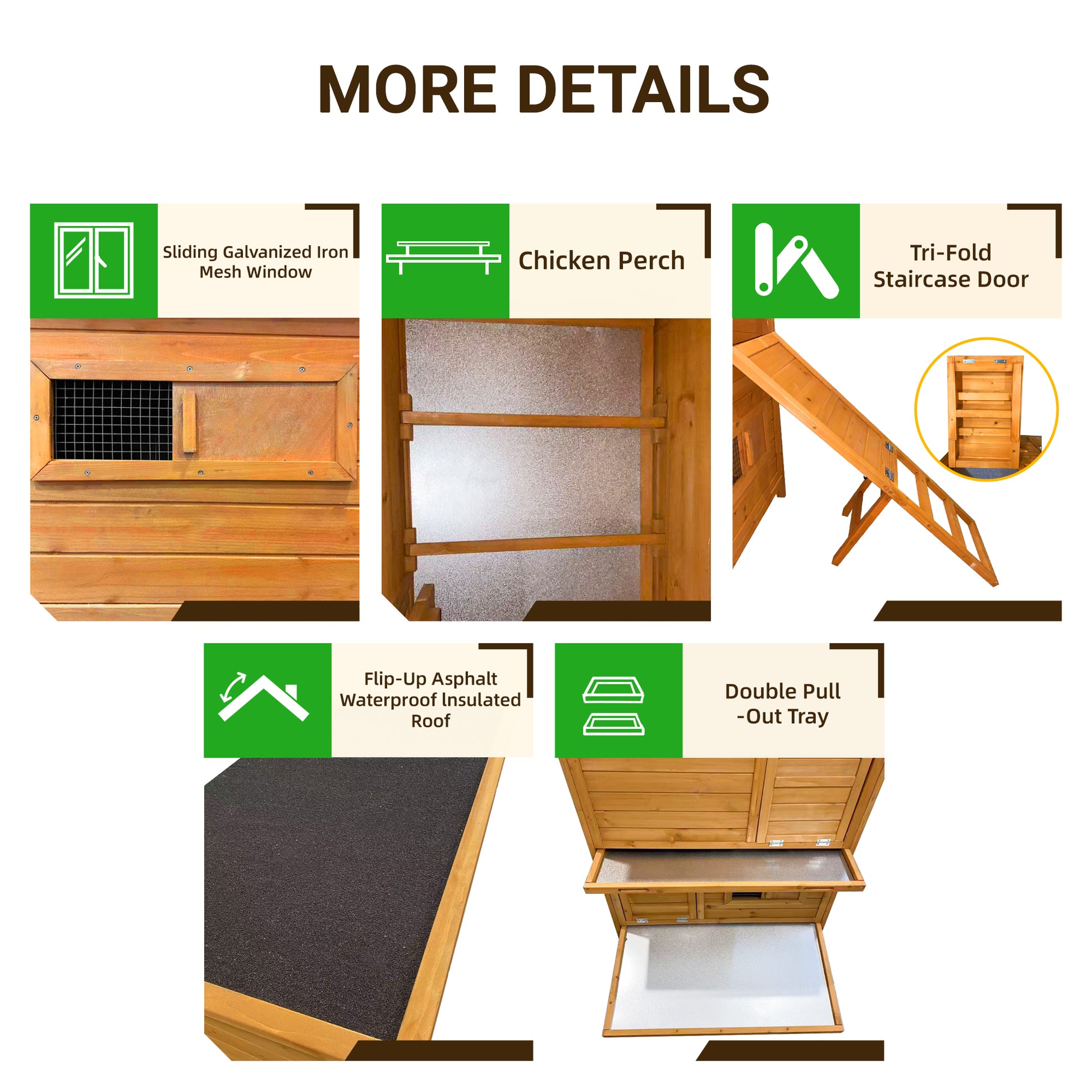 Chicken Coop, Double-House Wooden Chicken Coop For 6-8 Chickens With 3 Nesting Boxes And 2 Pull-Out Trays, Featuring A Foldable Ramp And Asphalt Roof image 7